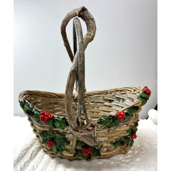 Other - Vintage Wicker Basket With Holly & Berry Accents